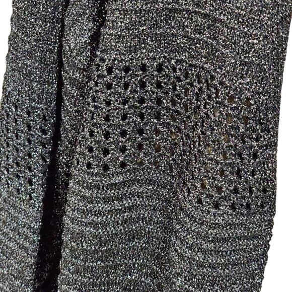 Novelty Stitch Black and Metallic Silver Crocheted Open Weave Cardigan Sweater - Picture 3 of 7